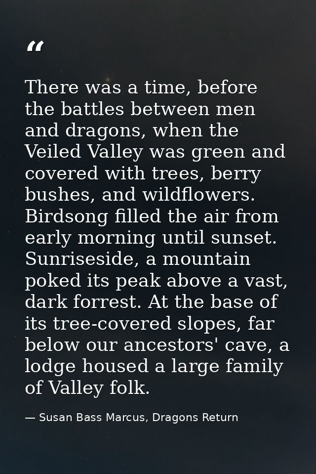 There was a time, before the battles between men and dragons, when the Veiled Valley was green and covered with trees, b — Susan Bass Marcus, Dragons Return