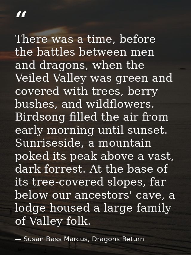 There was a time, before the battles between men and dragons, when the Veiled Valley was green and covered with trees, b — Susan Bass Marcus, Dragons Return