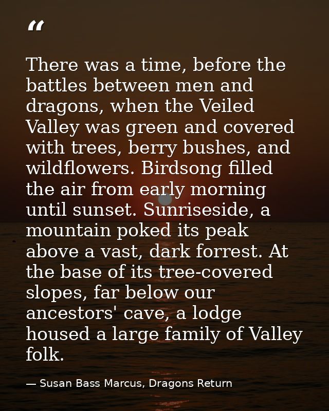 There was a time, before the battles between men and dragons, when the Veiled Valley was green and covered with trees, b — Susan Bass Marcus, Dragons Return