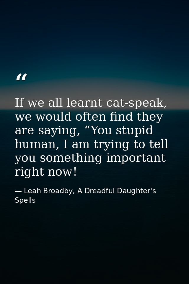 If we all learnt cat-speak, we would often find they are saying, “You stupid human, I am trying to tell you something im — Leah Broadby, A Dreadful Daughter's Spells