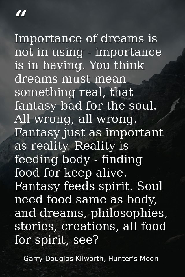 Importance of dreams is not in using - importance is in having. You think dreams must mean something real, that fantasy  — Garry Douglas Kilworth, Hunter's Moon