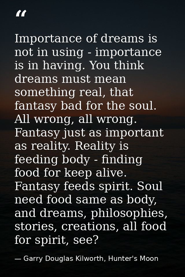 Importance of dreams is not in using - importance is in having. You think dreams must mean something real, that fantasy  — Garry Douglas Kilworth, Hunter's Moon