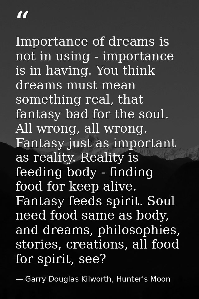 Importance of dreams is not in using - importance is in having. You think dreams must mean something real, that fantasy  — Garry Douglas Kilworth, Hunter's Moon