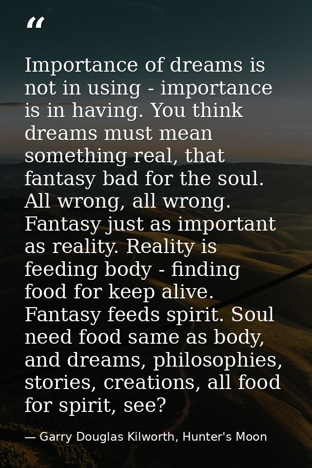 Importance of dreams is not in using - importance is in having. You think dreams must mean something real, that fantasy  — Garry Douglas Kilworth, Hunter's Moon
