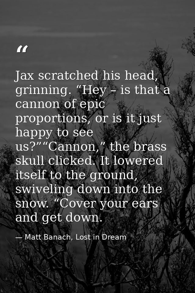 Jax scratched his head, grinning. “Hey – is that a cannon of epic proportions, or is it just happy to see us?”“Cannon,”  — Matt Banach, Lost in Dream
