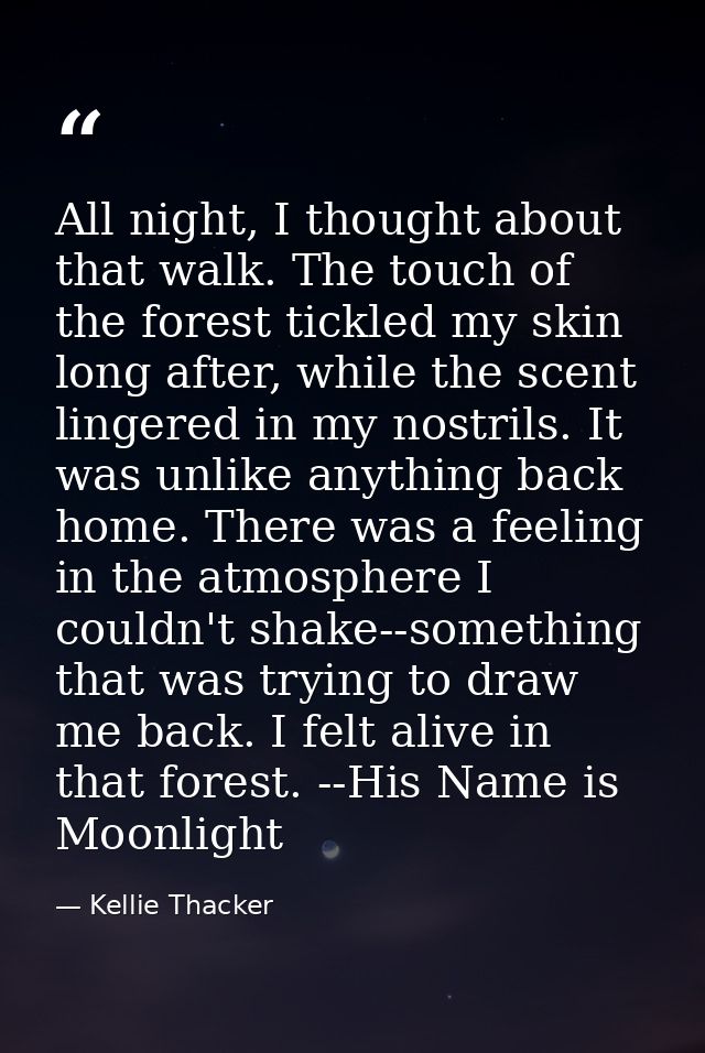 All night, I thought about that walk. The touch of the forest tickled my skin long after, while the scent lingered in my — Kellie Thacker