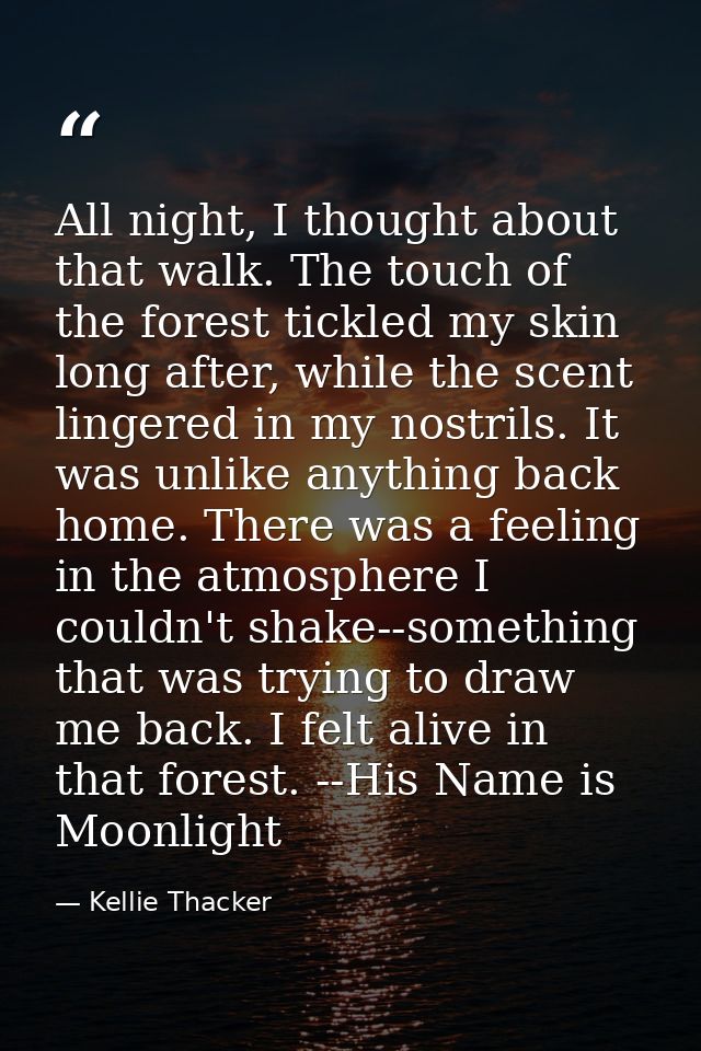 All night, I thought about that walk. The touch of the forest tickled my skin long after, while the scent lingered in my — Kellie Thacker