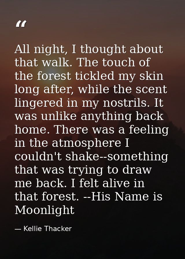 All night, I thought about that walk. The touch of the forest tickled my skin long after, while the scent lingered in my — Kellie Thacker