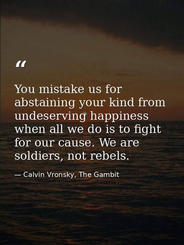 You mistake us for abstaining your kind from undeserving happiness when all we do is to fight for our cause. We are sold — Calvin Vronsky, The Gambit