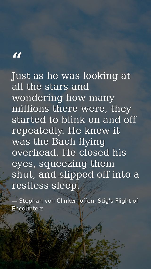 Just as he was looking at all the stars and wondering how many millions there were, they started to blink on and off rep — Stephan von Clinkerhoffen, Stig's Flight of Encounters