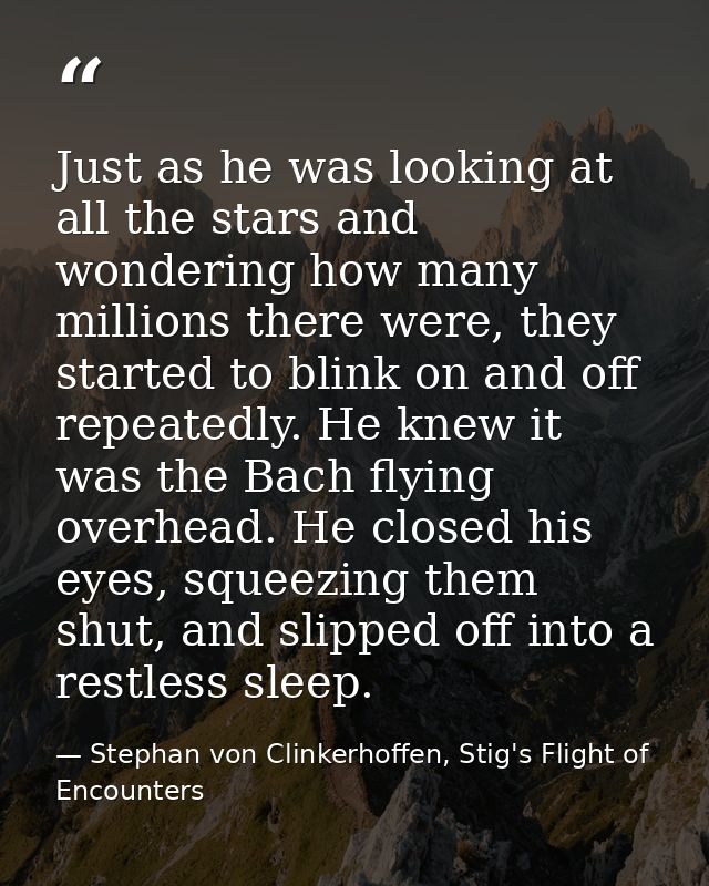 Just as he was looking at all the stars and wondering how many millions there were, they started to blink on and off rep — Stephan von Clinkerhoffen, Stig's Flight of Encounters