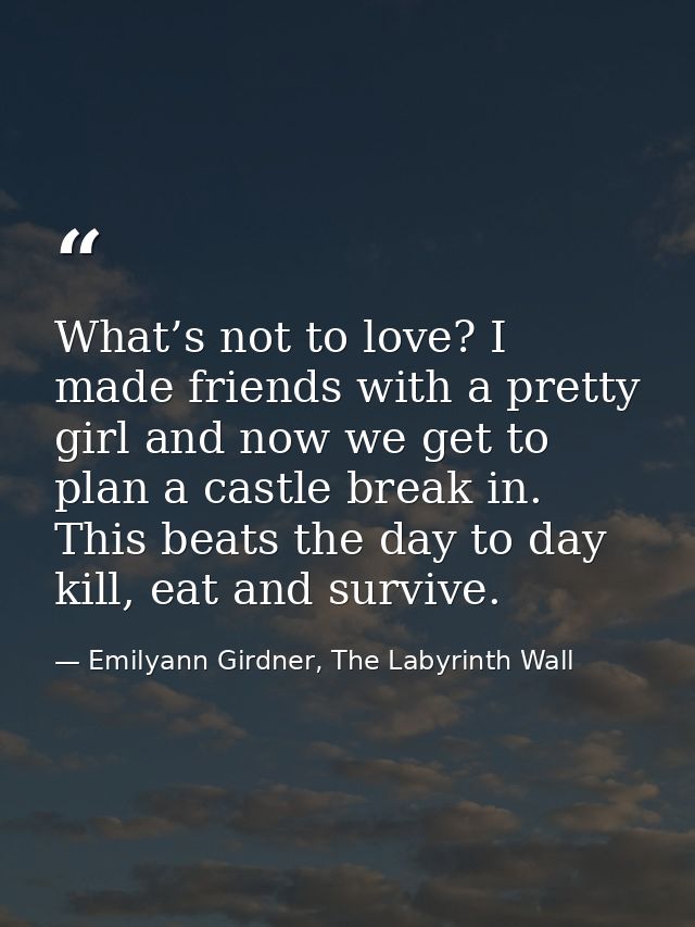 What’s not to love? I made friends with a pretty girl and now we get to plan a castle break in. This beats the day to da — Emilyann Girdner, The Labyrinth Wall