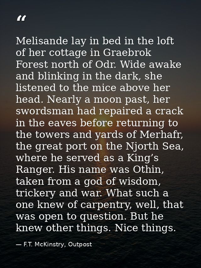 Melisande lay in bed in the loft of her cottage in Graebrok Forest north of Odr. Wide awake and blinking in the dark, sh — F.T. McKinstry, Outpost