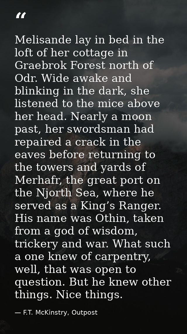 Melisande lay in bed in the loft of her cottage in Graebrok Forest north of Odr. Wide awake and blinking in the dark, sh — F.T. McKinstry, Outpost