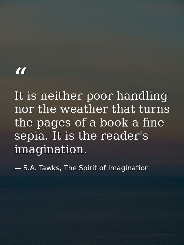 It is neither poor handling nor the weather that turns the pages of a book a fine sepia. It is the reader's imagination. — S.A. Tawks, The Spirit of Imagination