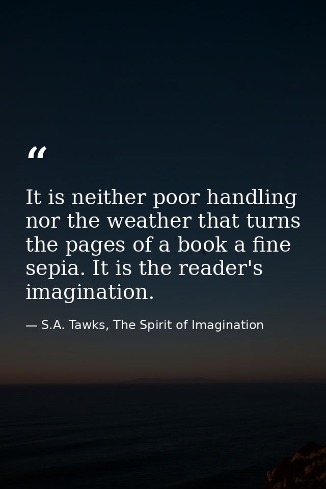 It is neither poor handling nor the weather that turns the pages of a book a fine sepia. It is the reader's imagination. — S.A. Tawks, The Spirit of Imagination