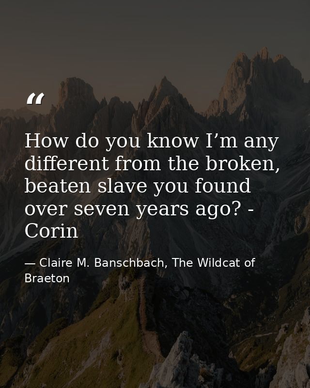 How do you know I’m any different from the broken, beaten slave you found over seven years ago? - Corin — Claire M. Banschbach, The Wildcat of Braeton