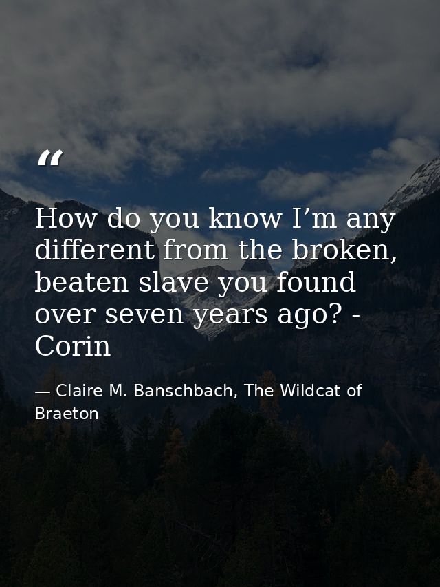 How do you know I’m any different from the broken, beaten slave you found over seven years ago? - Corin — Claire M. Banschbach, The Wildcat of Braeton