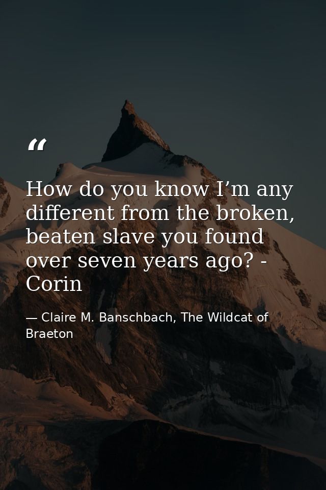 How do you know I’m any different from the broken, beaten slave you found over seven years ago? - Corin — Claire M. Banschbach, The Wildcat of Braeton