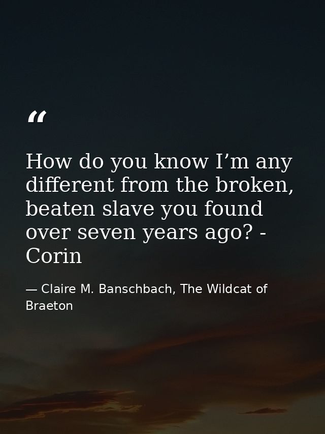 How do you know I’m any different from the broken, beaten slave you found over seven years ago? - Corin — Claire M. Banschbach, The Wildcat of Braeton