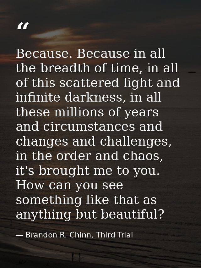 Because. Because in all the breadth of time, in all of this scattered light and infinite darkness, in all these millions — Brandon R. Chinn, Third Trial