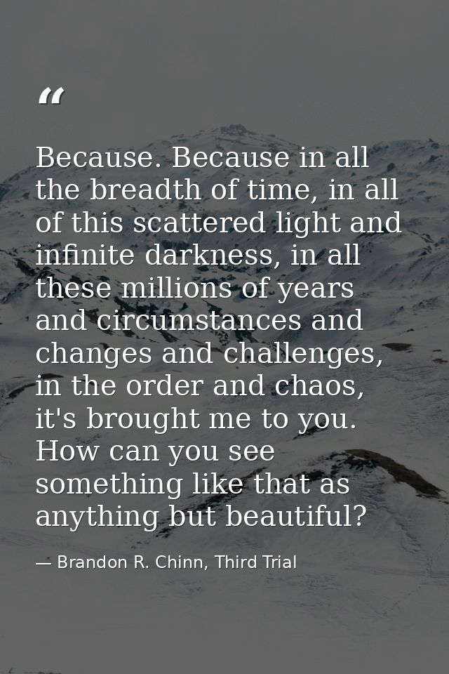 Because. Because in all the breadth of time, in all of this scattered light and infinite darkness, in all these millions — Brandon R. Chinn, Third Trial