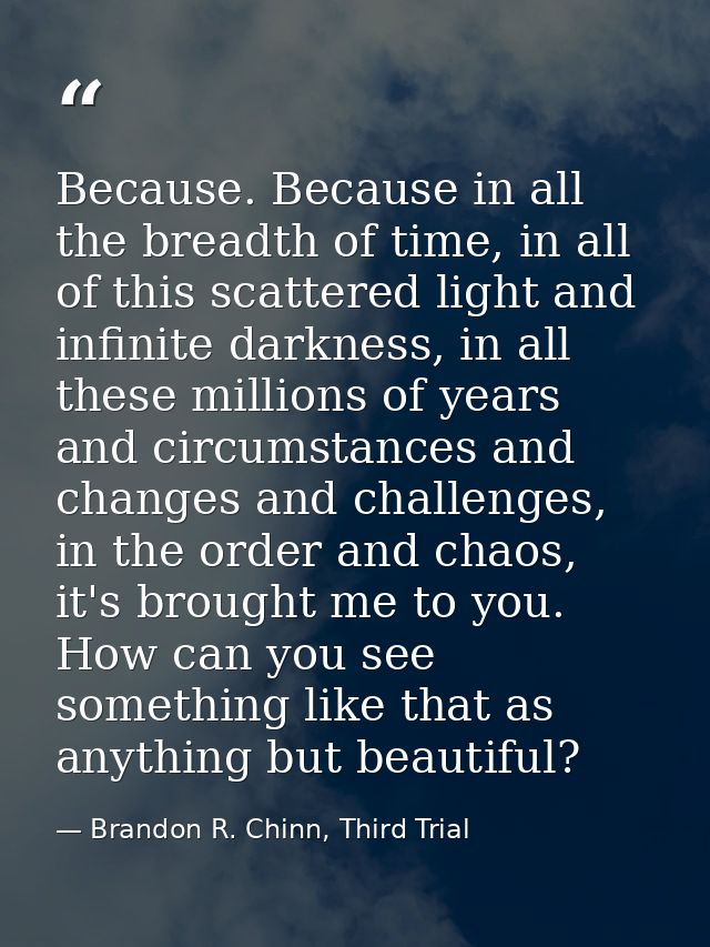 Because. Because in all the breadth of time, in all of this scattered light and infinite darkness, in all these millions — Brandon R. Chinn, Third Trial