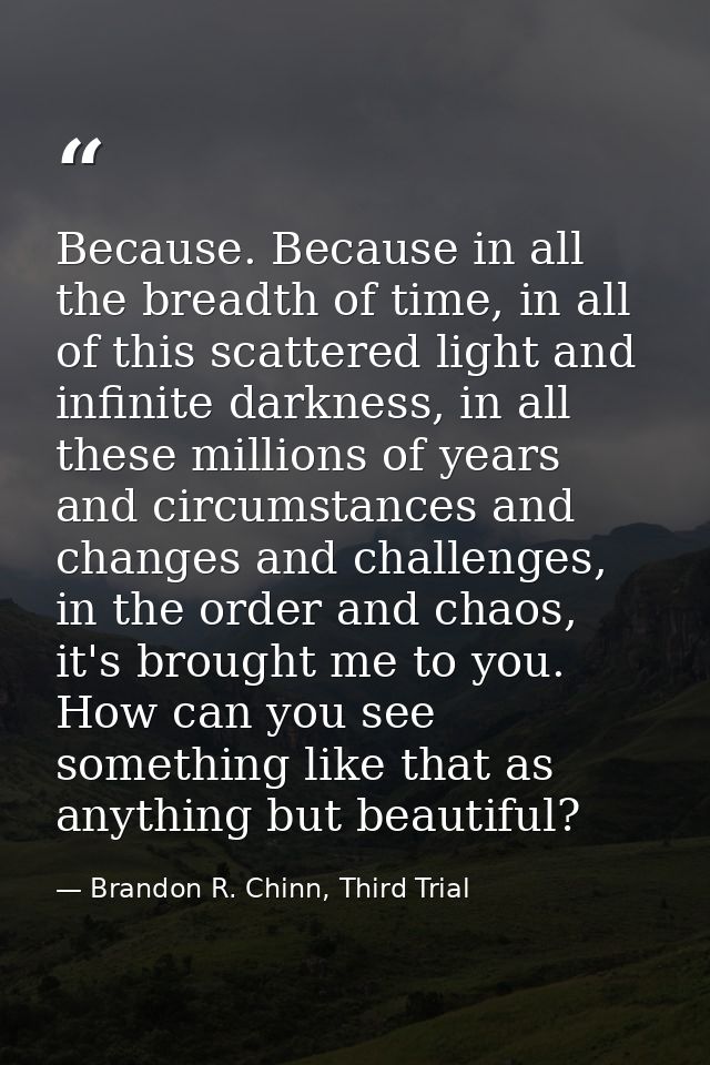 Because. Because in all the breadth of time, in all of this scattered light and infinite darkness, in all these millions — Brandon R. Chinn, Third Trial