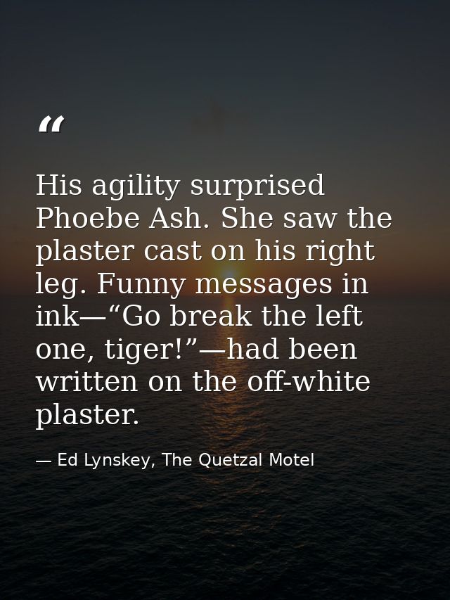His agility surprised Phoebe Ash. She saw the plaster cast on his right leg. Funny messages in ink—“Go break the left on — Ed Lynskey, The Quetzal Motel