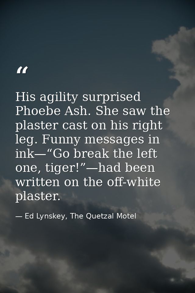 His agility surprised Phoebe Ash. She saw the plaster cast on his right leg. Funny messages in ink—“Go break the left on — Ed Lynskey, The Quetzal Motel