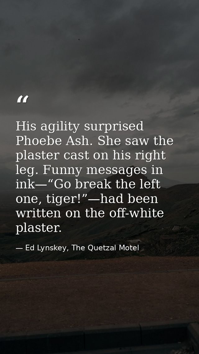 His agility surprised Phoebe Ash. She saw the plaster cast on his right leg. Funny messages in ink—“Go break the left on — Ed Lynskey, The Quetzal Motel