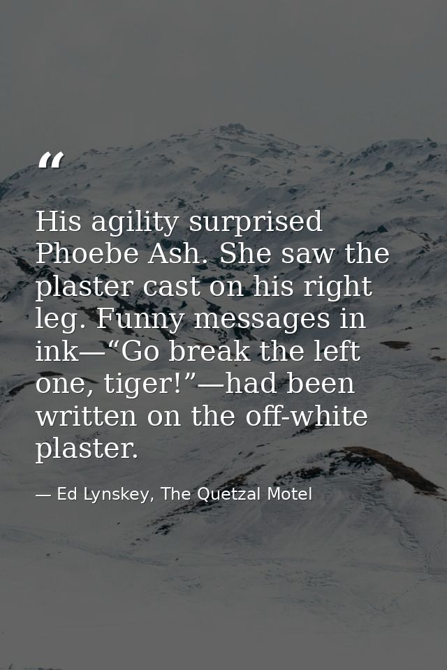 His agility surprised Phoebe Ash. She saw the plaster cast on his right leg. Funny messages in ink—“Go break the left on — Ed Lynskey, The Quetzal Motel