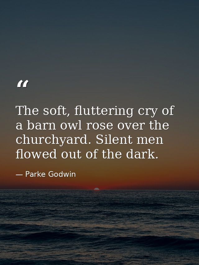 The soft, fluttering cry of a barn owl rose over the churchyard. Silent men flowed out of the dark. — Parke Godwin