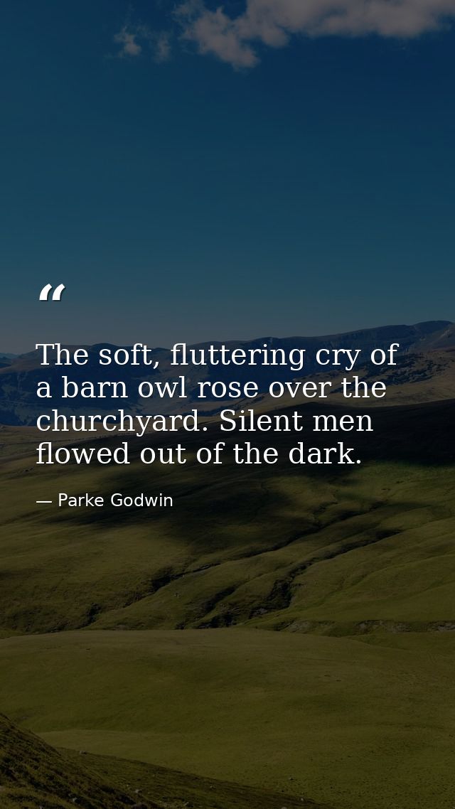 The soft, fluttering cry of a barn owl rose over the churchyard. Silent men flowed out of the dark. — Parke Godwin