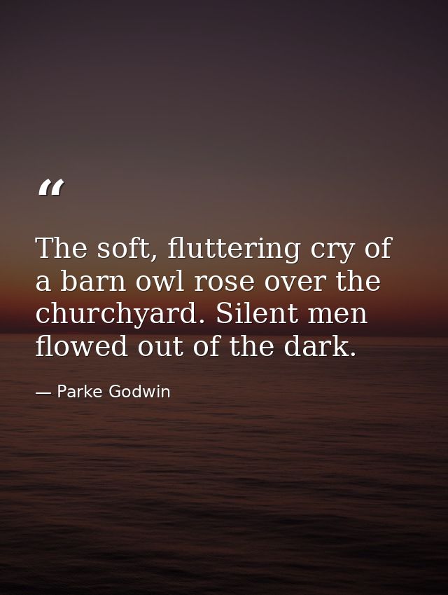 The soft, fluttering cry of a barn owl rose over the churchyard. Silent men flowed out of the dark. — Parke Godwin