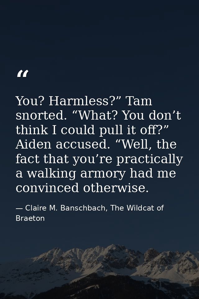 You? Harmless?” Tam snorted. “What? You don’t think I could pull it off?” Aiden accused. “Well, the fact that you’re pra — Claire M. Banschbach, The Wildcat of Braeton
