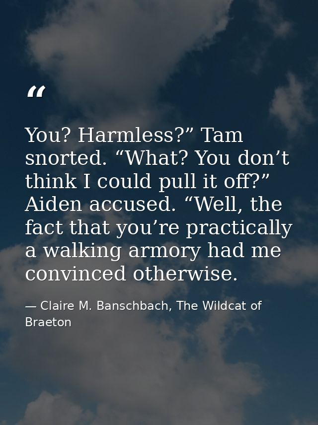 You? Harmless?” Tam snorted. “What? You don’t think I could pull it off?” Aiden accused. “Well, the fact that you’re pra — Claire M. Banschbach, The Wildcat of Braeton
