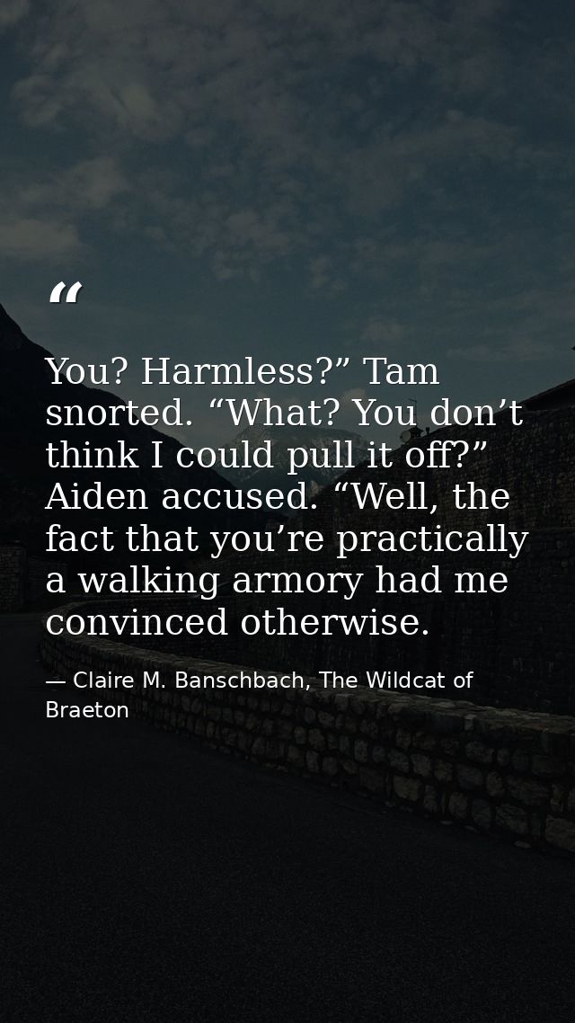 You? Harmless?” Tam snorted. “What? You don’t think I could pull it off?” Aiden accused. “Well, the fact that you’re pra — Claire M. Banschbach, The Wildcat of Braeton