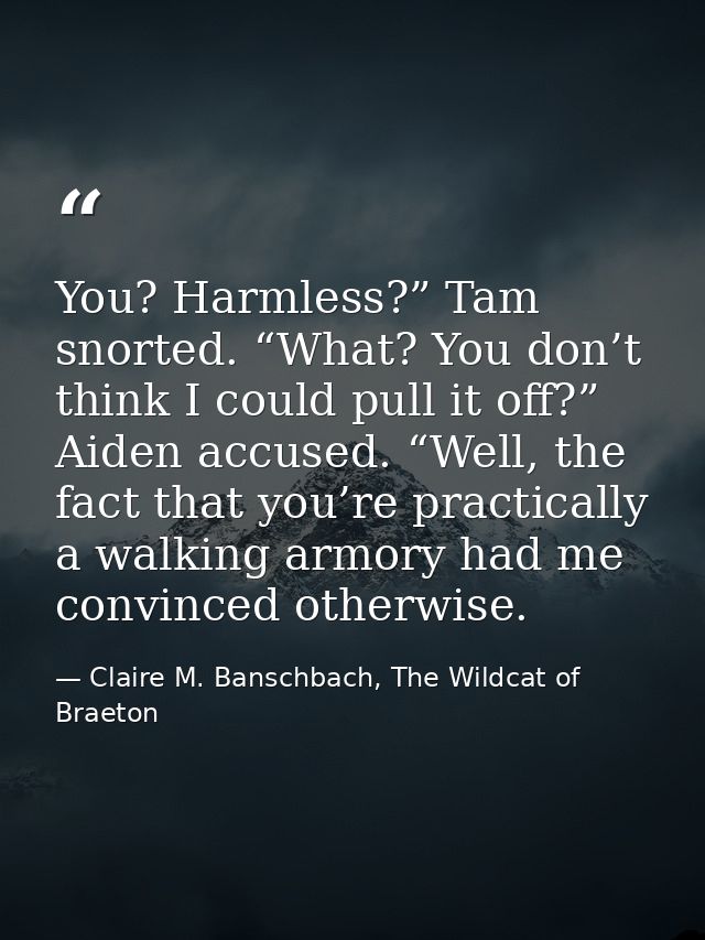 You? Harmless?” Tam snorted. “What? You don’t think I could pull it off?” Aiden accused. “Well, the fact that you’re pra — Claire M. Banschbach, The Wildcat of Braeton
