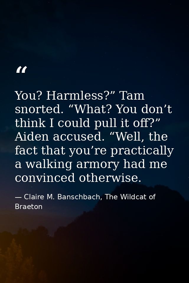You? Harmless?” Tam snorted. “What? You don’t think I could pull it off?” Aiden accused. “Well, the fact that you’re pra — Claire M. Banschbach, The Wildcat of Braeton