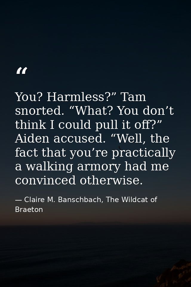 You? Harmless?” Tam snorted. “What? You don’t think I could pull it off?” Aiden accused. “Well, the fact that you’re pra — Claire M. Banschbach, The Wildcat of Braeton