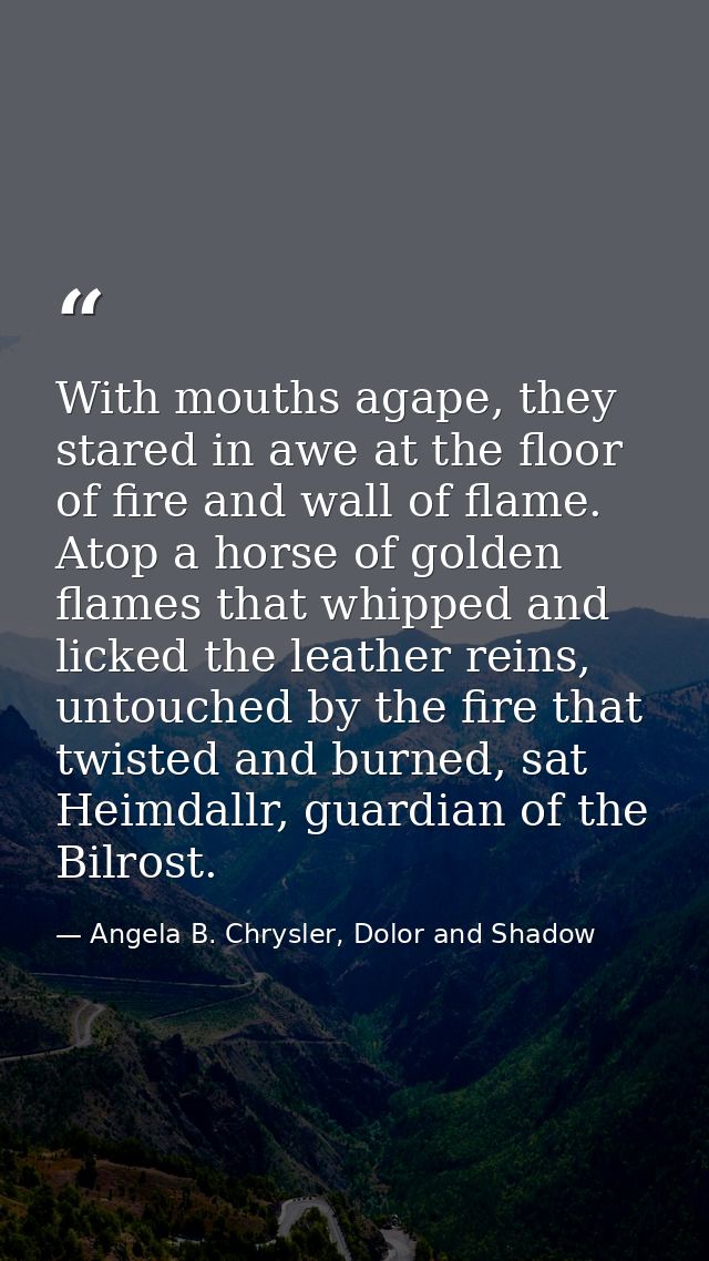 With mouths agape, they stared in awe at the floor of fire and wall of flame. Atop a horse of golden flames that whipped — Angela B. Chrysler, Dolor and Shadow