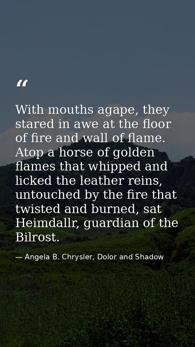 With mouths agape, they stared in awe at the floor of fire and wall of flame. Atop a horse of golden flames that whipped — Angela B. Chrysler, Dolor and Shadow