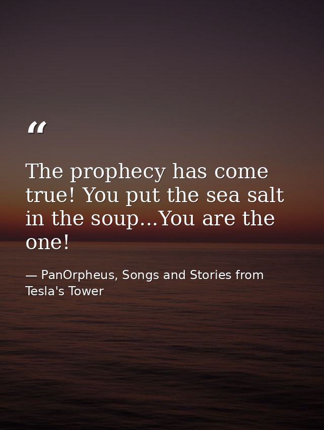 The prophecy has come true! You put the sea salt in the soup...You are the one! — PanOrpheus, Songs and Stories from Tesla's Tower