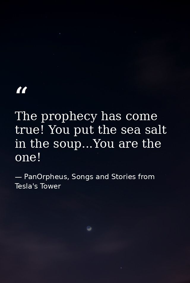 The prophecy has come true! You put the sea salt in the soup...You are the one! — PanOrpheus, Songs and Stories from Tesla's Tower