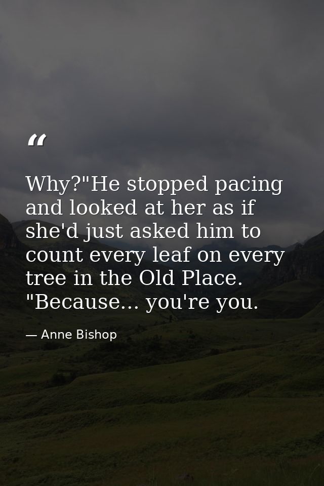 Why?"He stopped pacing and looked at her as if she'd just asked him to count every leaf on every tree in the Old Place.  — Anne Bishop