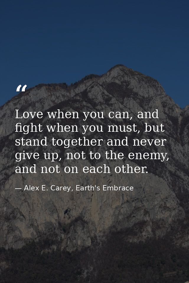 Love when you can, and fight when you must, but stand together and never give up, not to the enemy, and not on each othe — Alex E. Carey, Earth's Embrace