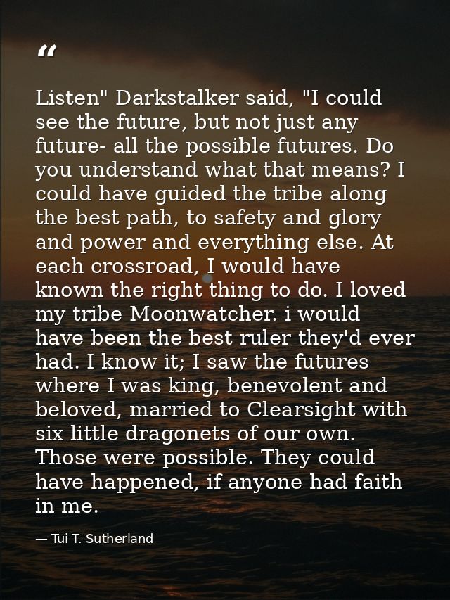 Listen" Darkstalker said, "I could see the future, but not just any future- all the possible futures. Do you understand  — Tui T. Sutherland