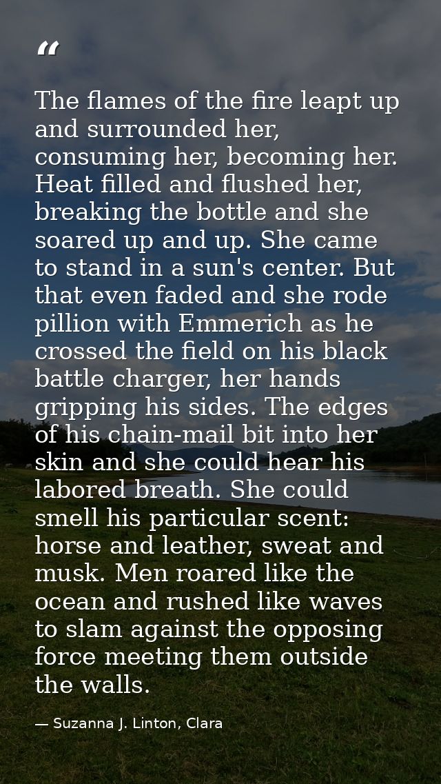 The flames of the fire leapt up and surrounded her, consuming her, becoming her. Heat filled and flushed her, breaking t — Suzanna J. Linton, Clara