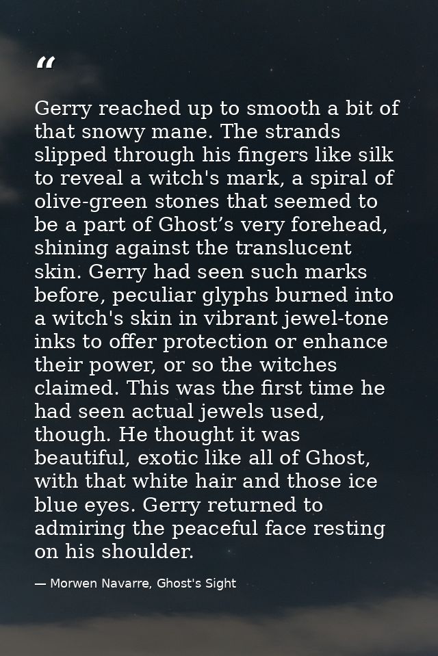 Gerry reached up to smooth a bit of that snowy mane. The strands slipped through his fingers like silk to reveal a witch — Morwen Navarre, Ghost's Sight